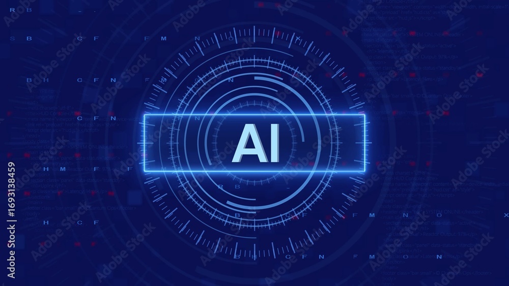 Poster ai artificial intelligence text on futuristic hud with data streams and circular interface technolog