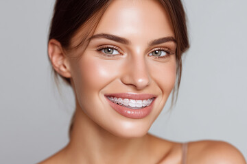 Confident young woman displaying straightened teeth, showing natural smile with invisible orthodontic aligners