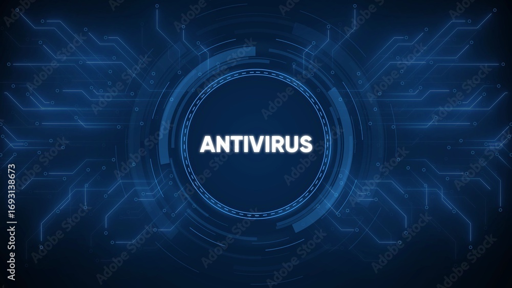 Aufkleber antivirus text in a futuristic digital circuit board background with glowing blue lines and concentr