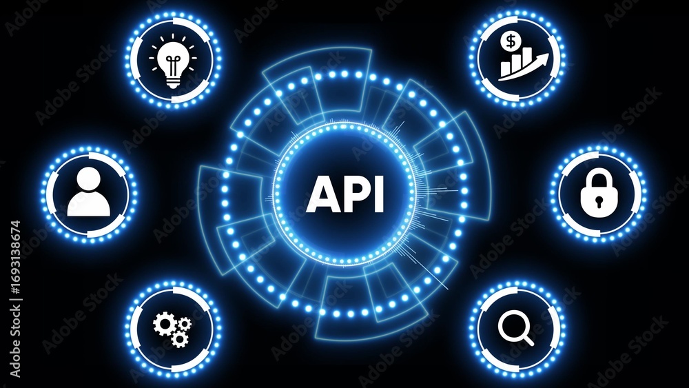 Poster api concept with glowing blue digital interface and icons on black background application programmin