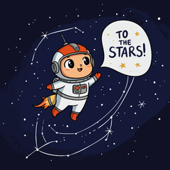 Fototapeta premium Cute Cartoon Astronaut with Rocket Boost Reaching for the Stars Illustration