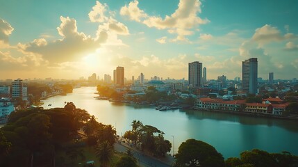 Fototapeta premium Beautiful aerial view of Colombo city skyline with river reflections image