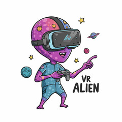 Cartoon Handdrawn Alien with VR Headset Space Exploration Illustration