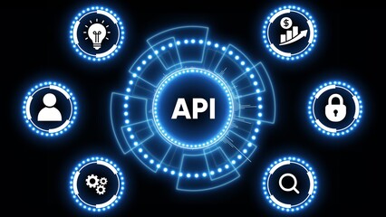 API concept with glowing blue digital interface and icons on black background application programming interface