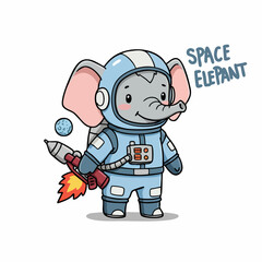 Naklejka premium Cute Handdrawn Astronaut Elephant Holding Rocket in Space Cartoon Character