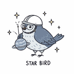 Whimsical Handdrawn Cartoon Star Bird Astronaut with Planet Illustration