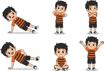 Cartoon boy exercise poses, fitness character illustration, kids workout clipart, healthy lifestyle, yoga for children, playful movement, vector art