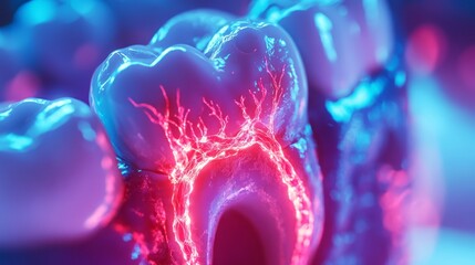 Researchers futuristic dental science exploring teeth and nerves intricate structures, using luminescent fibers to blend art with scientific advancements, enhancing dental health and smile aesthetics
