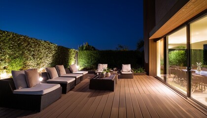 Fototapeta premium modern landscaped outdoor patio area at night relaxing seating