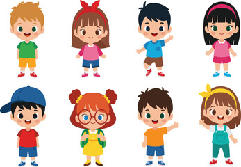 Cartoon children group illustration, diverse kids standing, colorful outfits, happy expressions, school clipart, character design, vector art, education theme