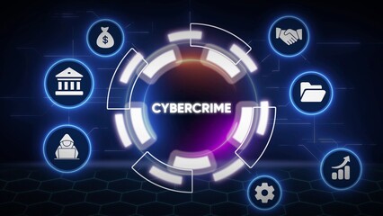 Cybercrime concept with digital icons representing financial theft hacking and data security threats