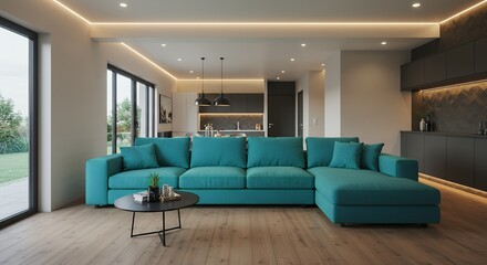Teal sectional sofa in modern living room