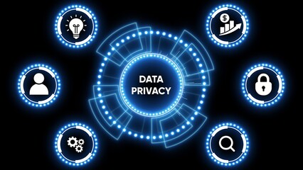 Data privacy concept with glowing blue HUD elements and icons on black background security protection