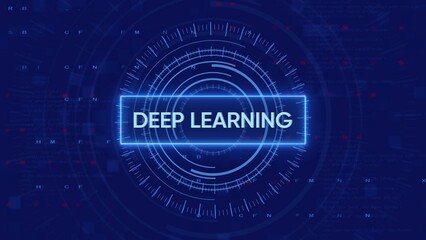 Deep learning concept with glowing neon text and futuristic HUD elements on a digital background artificial