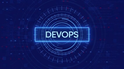 Dev Ops concept with glowing neon text and futuristic HUD elements on a digital background devops development
