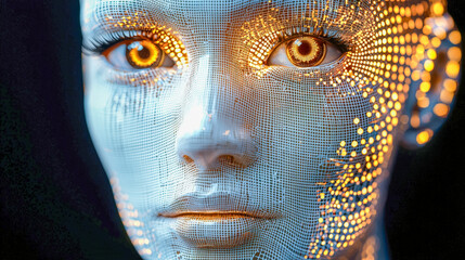 Futuristic digital portrait of a human face with glowing geometric patterns and vibrant light effects