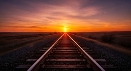 Railroad Tracks Leading to a Vibrant Sunset.
