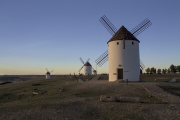 Three windmills in Mota del Cuervo, La Mancha, Spain