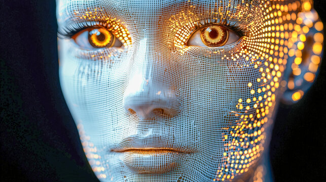 Futuristic digital portrait of a human face with glowing geometric patterns and vibrant light effects