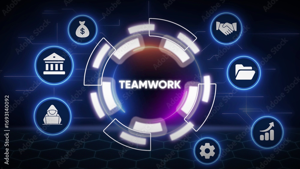 Poster digital concept of teamwork with interconnected icons representing finance business and growth colla