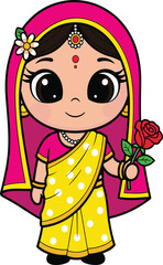Traditional Indian girl illustration, yellow saree, pink dupatta, cultural attire, cartoon style, festive look, ethnic fashion, rose, bindi, jewelry