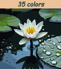 White lotus flower in the pond. Pixel art vector 100x100 squares for paint by numbers &ndash; color grid illustration with clean, smooth squares and overlaid grid for antistress coloring book.