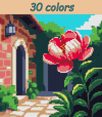 Peony flower, brick wall with lantern. Pixel art vector 100x100 squares for paint by numbers &ndash; color grid illustration with clean, smooth squares and overlaid grid for antistress coloring book.