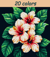 Pink Hibiscus Flowers. Pixel art vector 100x100 squares for paint by numbers &ndash; color grid illustration with clean, smooth squares and overlaid grid for antistress coloring book.