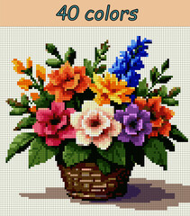 Multicolored bouquet in a wicker basket. Pixel art vector 100x100 squares for paint by numbers &ndash; color grid illustration with clean, smooth squares and overlaid grid for antistress coloring book.
