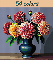 
Bouquet of dahlias in a blue vase. Pixel art vector 100x100 squares for paint by numbers &ndash; color grid illustration with clean, smooth squares and overlaid grid for antistress coloring book.