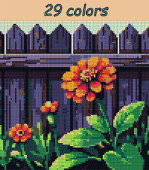 Marigold flowers against a purple fence. Pixel art vector 100x100 squares for paint by numbers &ndash; color grid illustration with clean, smooth squares and overlaid grid for antistress coloring book.