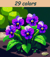 
violets blooming in the ground. Pixel art vector 100x100 squares for paint by numbers &ndash; color grid illustration with clean, smooth squares and overlaid grid for antistress coloring book.