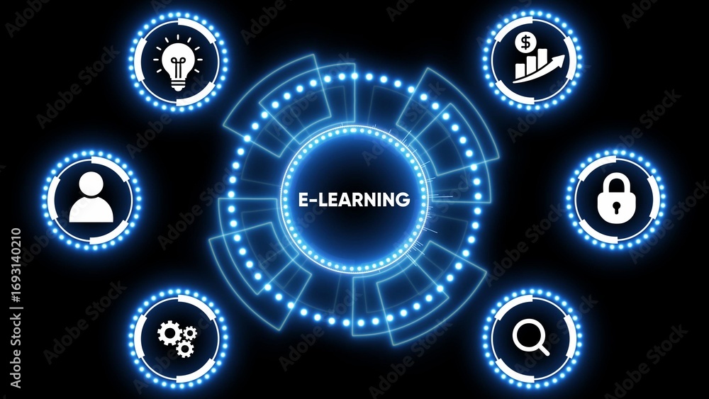 Aufkleber digital e- learning concept with futuristic neon interface and icons on black background e-learning 