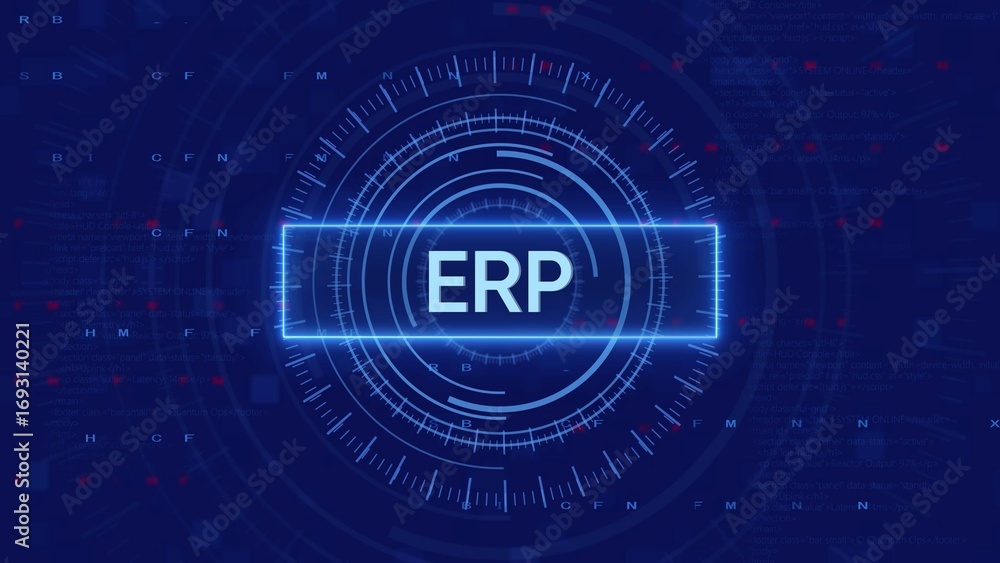 Aufkleber digital enterprise resource planning erp system interface with futuristic hud and data streams keywo