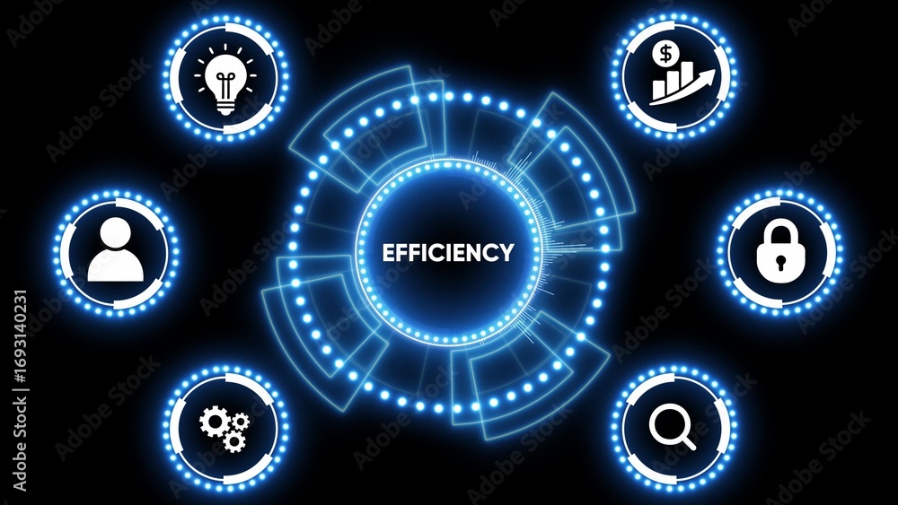 Poster digital efficiency concept with futuristic neon interface and icons on black background productivity
