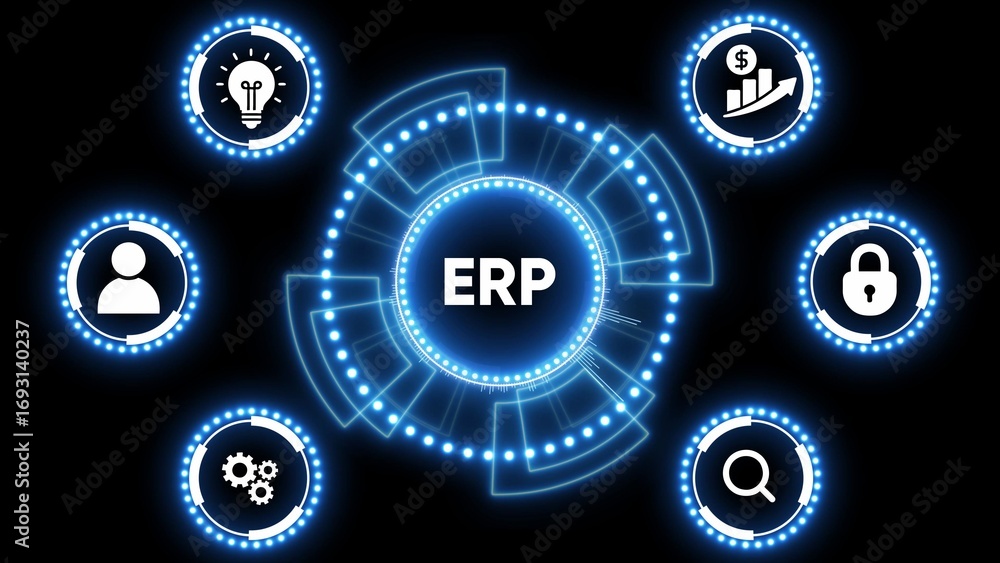 Aufkleber digital erp concept with futuristic neon interface and icons on black background enterprise resource