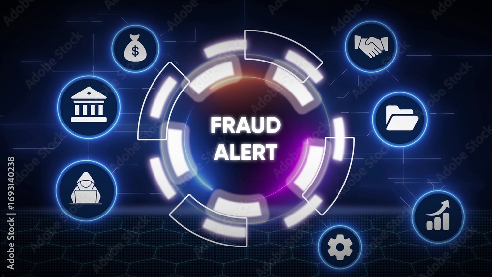 Poster digital fraud alert concept with icons and network background keywords: fraud alert, digital securit