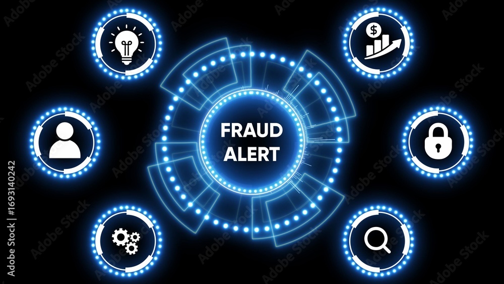 Poster digital fraud alert system with glowing blue interface and security icons warning danger