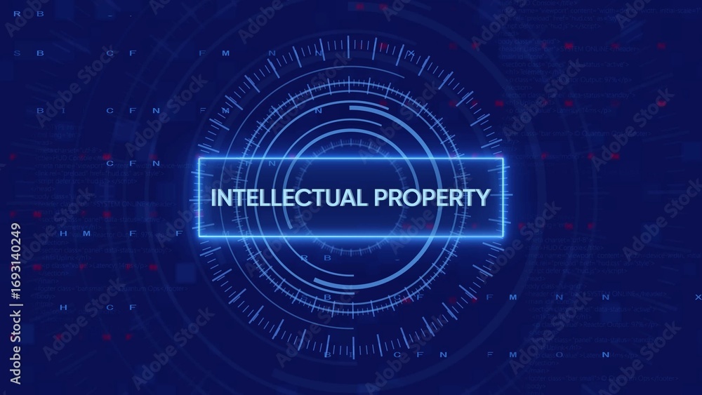Poster digital futuristic hud display showing intellectual property text in neon blue light technology inno