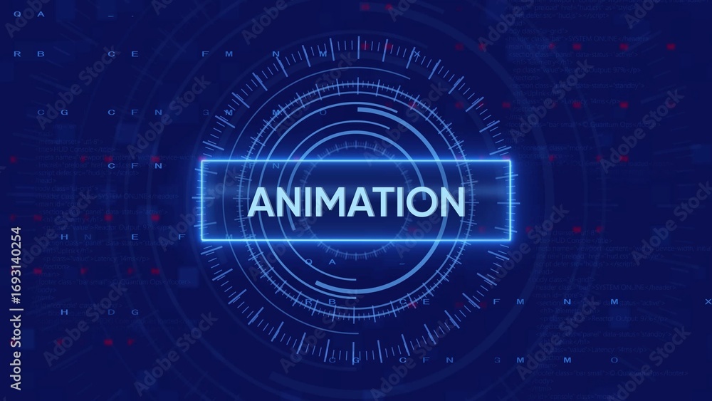 Poster digital futuristic hud interface with glowing blue neon text animation on dark blue background techn