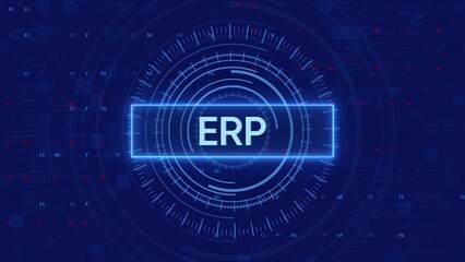 Digital Enterprise Resource Planning ERP System Interface with Futuristic HUD and Data Streams Keywords: ERP, Enterprise Resource Planning, Business Software, Management
