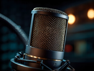 Professional studio microphone with pop filter in a recording studio setting