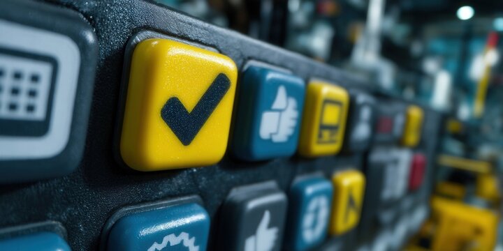 A close-up shot of a control panel with a yellow checkmark button.
