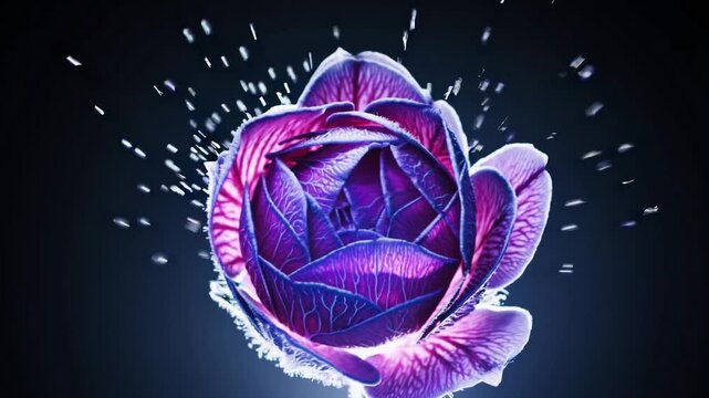 Luminescent purple rose slowly unfurling, petals glistening with magical radiance against shadowy background, unveiling intricate floral splendor