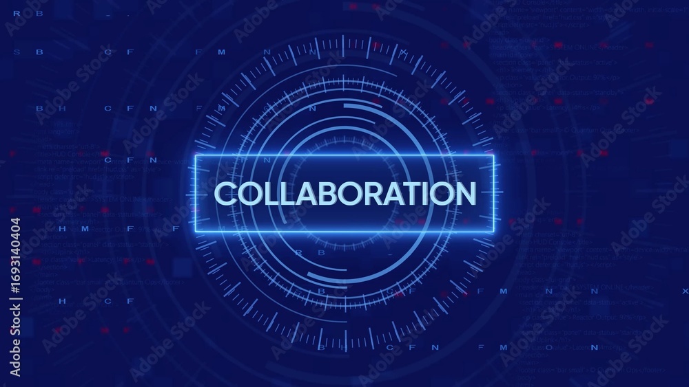 Poster digital hud display with the word colaboration in a glowing blue rectangle against a dark blue techn