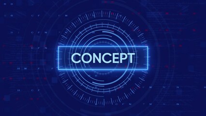Digital HUD display with the word CONCEPT in a glowing blue rectangle against a dark blue technological background