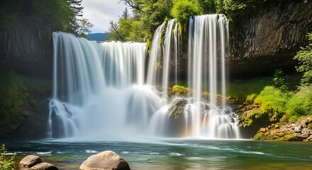 Obraz premium Majestic Waterfall Cascading into Serene Pool.