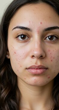 A candid, unedited close-up portrait of a serious young woman with brown eyes, focusing on her bare skin affected by acne and blemishes, for a realistic dermatology and skin care concept.
