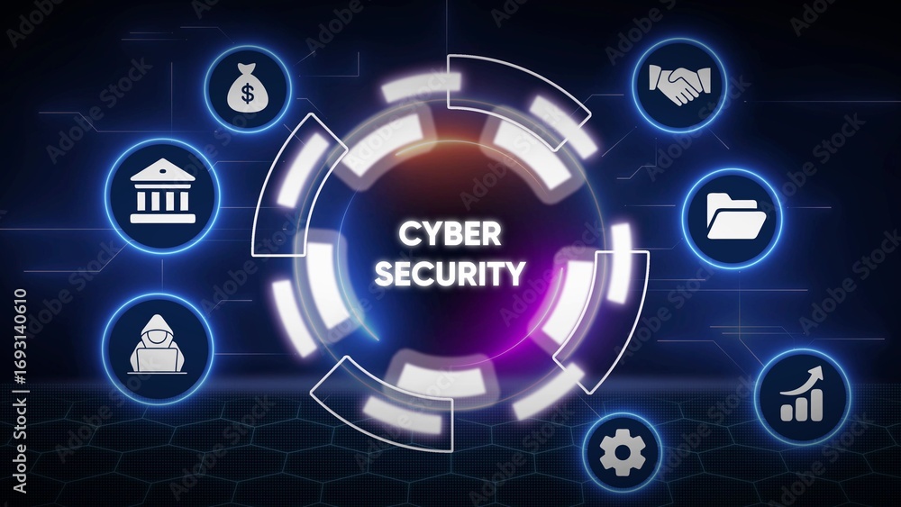 Aufkleber digital network illustrating cyber security concepts with icons and central text technology finance