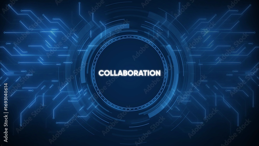 Poster digital network interface with the word colaboration in the center on a dark blue background